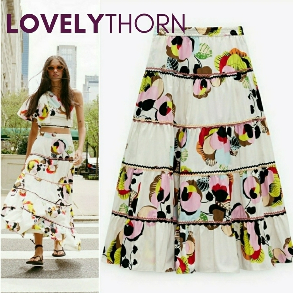 ZARA // ltd ed blogger favorite parisian-chic long a-line printed ric rac skirt - Picture 8 of 16